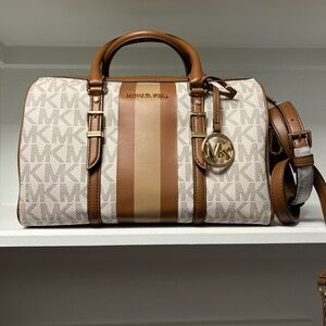Michael Kors Cream and Brown Striped Duffel Bag